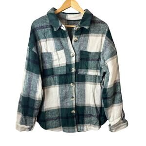 Plaid Flannel Shacket Women’s XL Forest Green Cream Oversized Cozy Comfort New